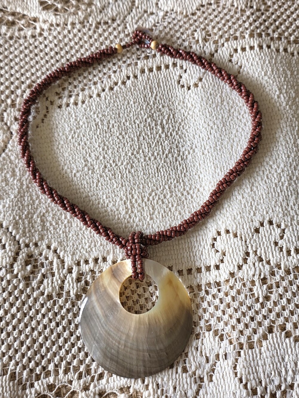 Artisan Boho Mother of Pearl Shell Pendant Seed Bead Rope Spiral Choker Necklace